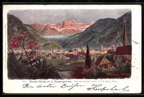 Künstler-AK F.A.C.M. Reisch: Bozen-Gries, Ortsansicht mit den Rosengarten