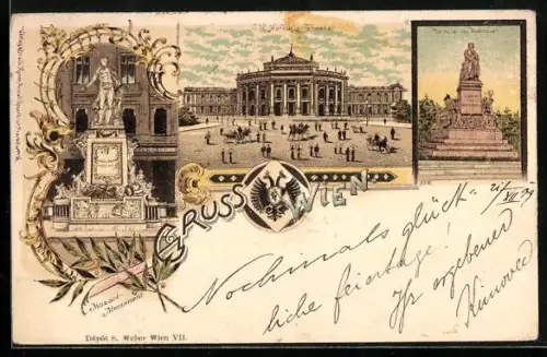 Lithographie Wien, Burgtheater, Mozart-Denkmal, Beethoven-Denkmal