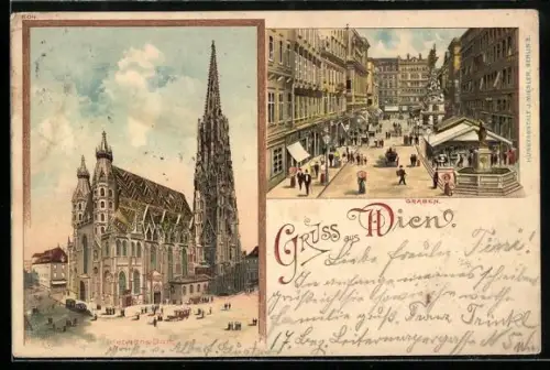 Lithographie Wien, Graben, Blick zum Stephansdom
