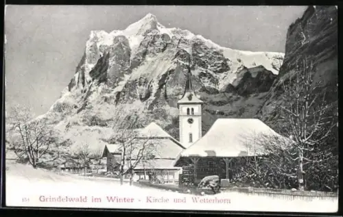 AK Grindelwald, Kirche und Wetterhorn im Winter