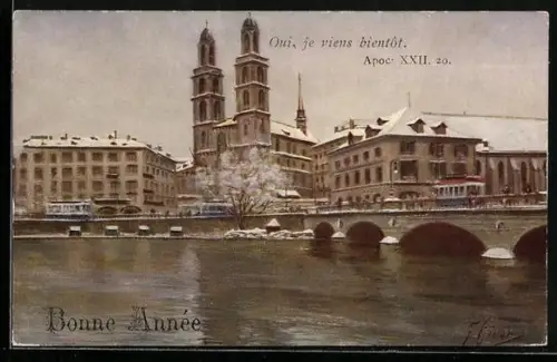 Künstler-AK Zürich, Grossmünster mit Helmhaus im Winter, Neujahrsgruss