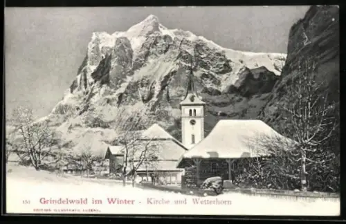 AK Grindelwald, Kirche und Wetterhorn im Winter