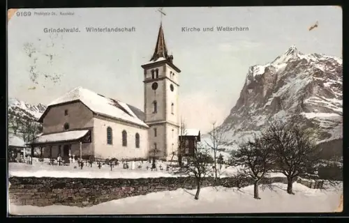 AK Grindelwald, Kirche und Wetterhorn im Winter