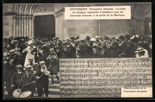 AK Echternach, Procession dansante, le Corps de Musique improvisé d-amateurs à la sortie de la Basilique