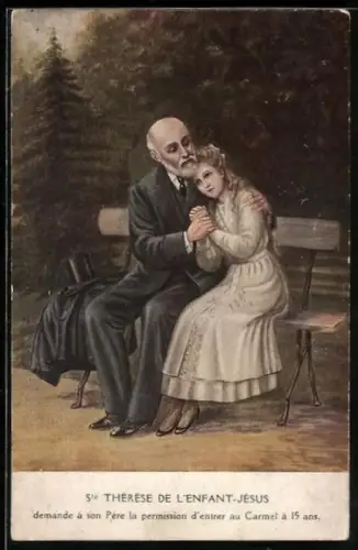Künstler-AK heilige Theresia im Alter von 15 Jahren bittet ihren Vater um Erlaubnis, in den Karmel einzutreten zu dürfen