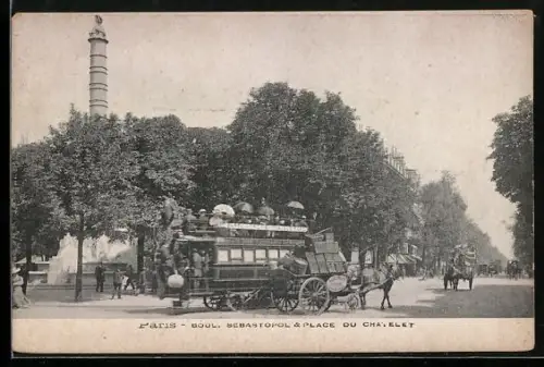 AK Paris, Boul. Sebastopol & Place du Chatelet, Pferdebahn