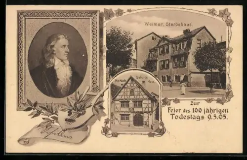 AK Weimar, Erinnerung zum 100. Todestag Schillers am 9. Mai 1905, Sterbe- und Geburtshaus