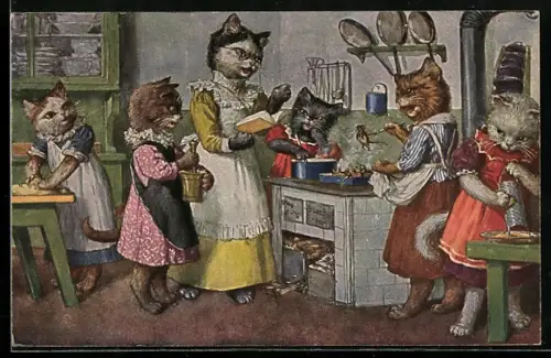 AK Kochschule, Vermenschlichte kleine Katzen kochen mit der Mutter