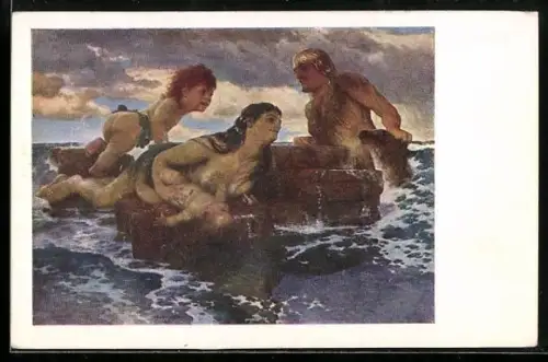 Künstler-AK Arnold Böcklin: Meeresidylle, Familie des Meeresvolks, Nixe, Wassermann