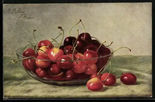 Künstler-AK M.Billing: Kirschen in einer Glasschale