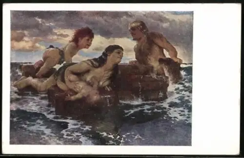 Künstler-AK Arnold Böcklin: Meeresidylle, Familie des Meeresvolks, Nixe, Wassermann