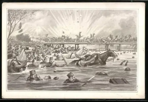 Künstler-AK Serbische Armee beim Rückzug über die Save