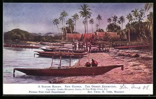 Künstler-AK New Guinea, a seaside Resort, Fischerboote am Ufer