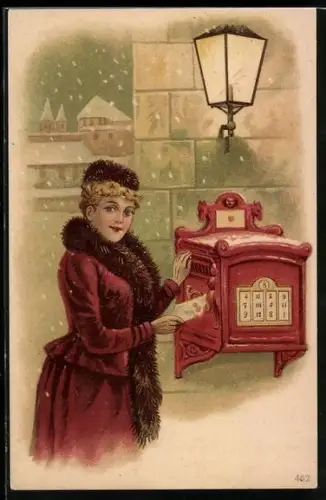 AK Dame mit Pelzstola am Briefkasten