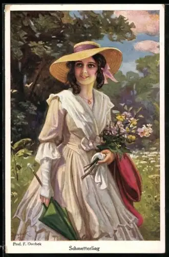 Künstler-AK Franz Doubek: Schmetterling, Dame im Kleid und Hut