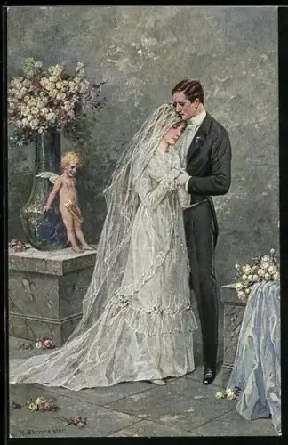 Künstler-AK R. Borrmeister: In Liebe vereint, Amor und Brautpaar