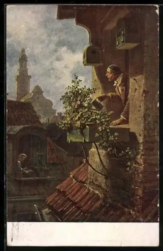 Künstler-AK Carl Spitzweg: Im Dachstübchen, Mann giesst Blumen vor dem Fenster