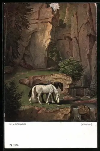 Künstler-AK Moritz von Schwind: Pferde in einer Höhle