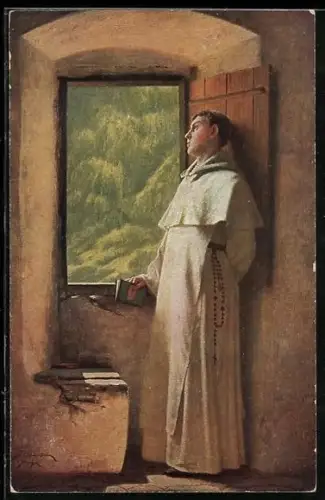 Künstler-AK Ein Sonnenstrahl, Mönch steht am Fenster und geniesst den Sonnenschein