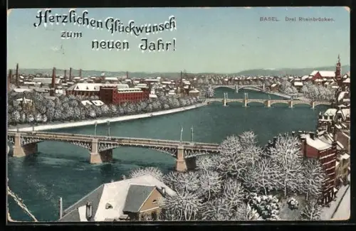 AK Basel, Drei Rheinbrücken im Winter, Neujahrsgruss