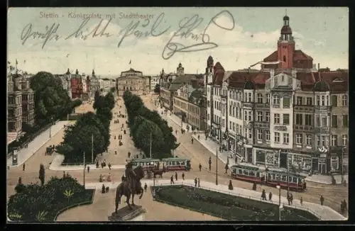 AK Stettin, Königsplatz mit Stadttheater und Strassenbahn