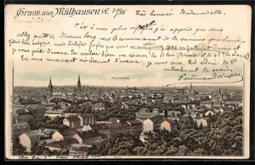 Lithographie Mülhausen i. E., Ortsansicht aus der Vogelschau