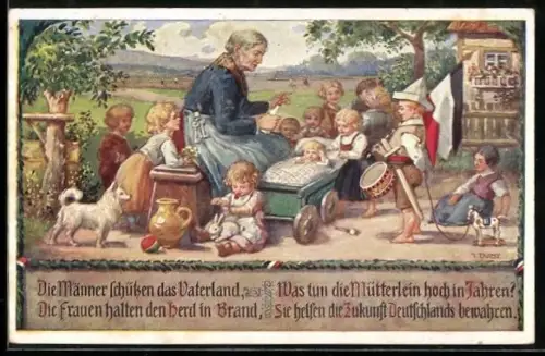 Künstler-AK sign. T. Durst: Alte Frau kümmert sich um Kinder während ihre Väter im Krieg sind