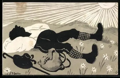 AK Wanderer schläft auf der Wiese wie ein Murmeltier, Scherz