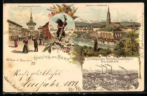 Lithographie Bern, Zeitglockenturm, Münster, Hoffmanns Stärkefabriken Salzuflen