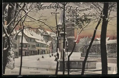AK Basel, Spalengraben mit Geschäft und Brunnen im Winter, Neujahrsgruss