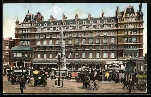 AK London, Charing Cross Station and Hotel, Bahnhof