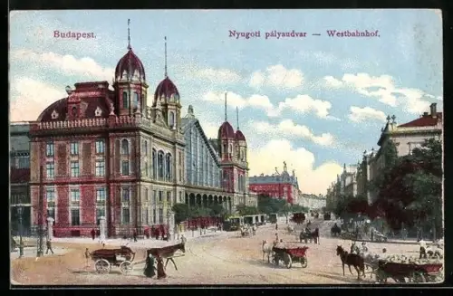 AK Budapest, Pferdekutschen und Strassenbahn am Westbahnhof