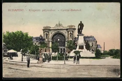 AK Budapest, Central-Bahnhof und Baross-Denkmal