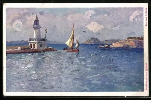 Künstler-AK Spalato, Segelboot und Leuchtturm