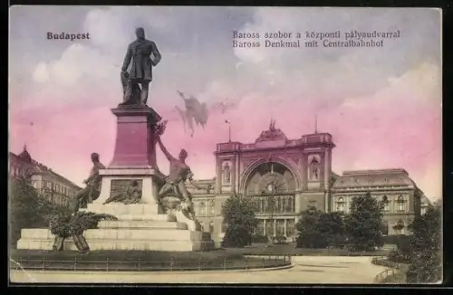 AK Budapest, Baross Denkmal mit Centralbahnhof