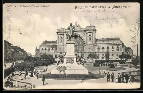 AK Budapest, Bahnhof und Baross-Denkmal