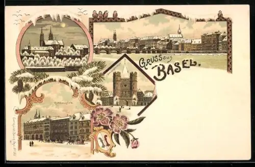 Lithographie Basel, Rathausplatz mit Pferdeschlitten, Das Spalentor, Ortspartie