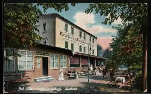 AK Bad Schwarzbach i. Isergebirge, Kurhaus mit Gästen
