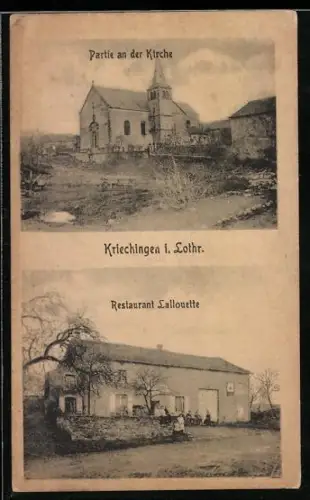 AK Kriechingen i. Lothr., Partie an der Kirche, Restaurant Lallouette