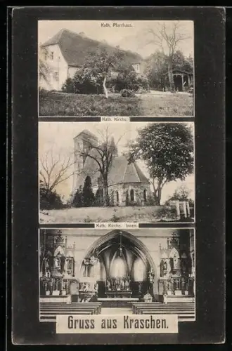 AK Kraschen, Katholisches Pfarrhaus, Kirche und Interieur der Kirche