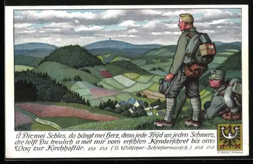 Künstler-AK Fritz Quidenus: Zwei Soldaten blicken über Hügel und Felder