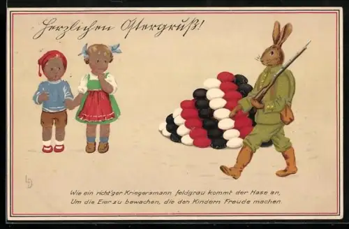Künstler-AK Lia Döring: Osterhase als Soldat in Uniform bewacht Eier
