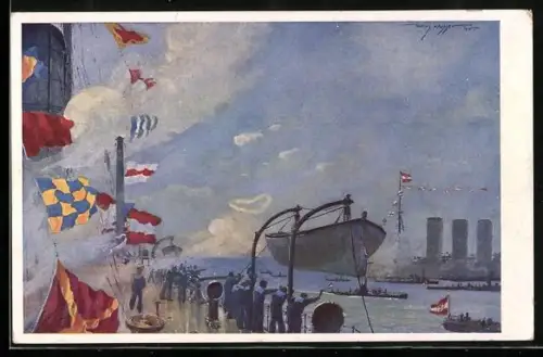 Künstler-AK Harry Heusser: Heimkehr des U-Bootes U 5 nach Torpedierung des franz. Kreuzers Leon Gambetta