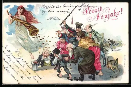 Lithographie Jude, Geschäftsmann und Polizist stürzen sich zu Neujahr auf das Geld