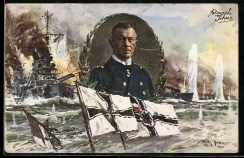 Künstler-AK Willy Stoewer: Portrait von Admiral Scheer, Seeschlacht, Reichskriegsflagge