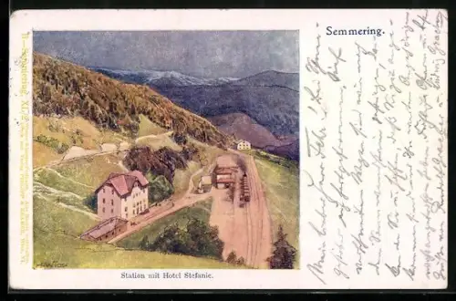 Künstler-AK Semmering, Bahnhof mit Hotel Stefanie