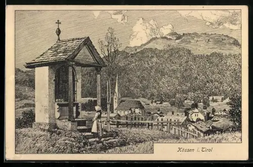 Künstler-AK Kössen, Ortsansicht mit Kirche, Im Vordergrund Frau vor kleiner Kapelle