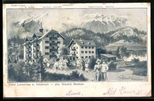 Künstler-AK F.A.C.M. Reisch: Lansersee b. Innsbruck, Hotel Lansersee, Bes. Jos. Diechtl