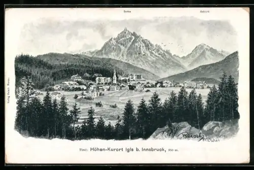 Künstler-AK F.A.C.M. Reisch: Igls b. Innsbruck, Panorama mit Serles und Habicht