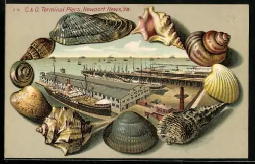 Passepartout-Lithographie Newport News, VA, C. & O. Terminal Piers